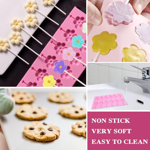 12 Cavities Flower Pink Silicone Lollipop Molds,Hard Candy Chocolate Sucker Mold with 20pcs Sucker Sticks - color: Flower