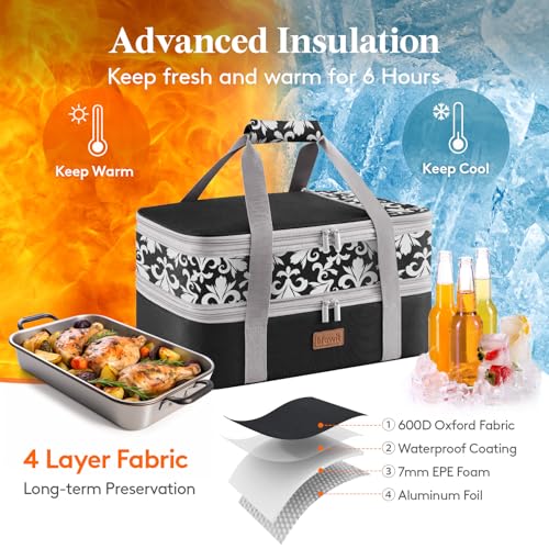 Lifewit Expandable Insulated Double Decker Casserole Carrier - color: Black-flowers