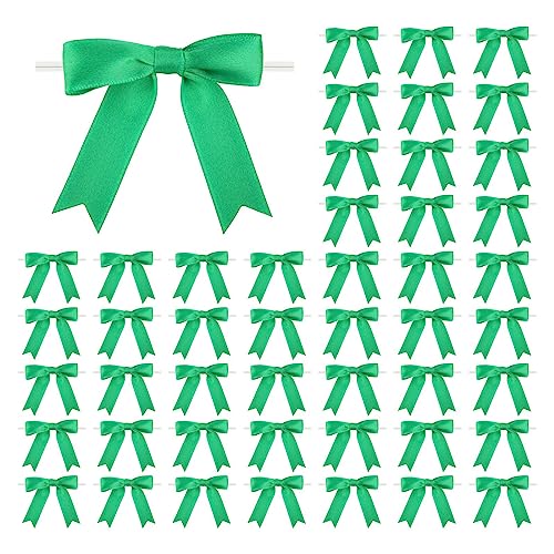 Meseey 50 Pcs 3 Inches Twist Tie Satin Ribbon Bows Emerald Green Pretied Premade Craft Bows for Treat Bags Gift Wrapping Basket Wedding Baby Shower Brithday Christmas Party (3", Emerald Green) - color: Emerald Green