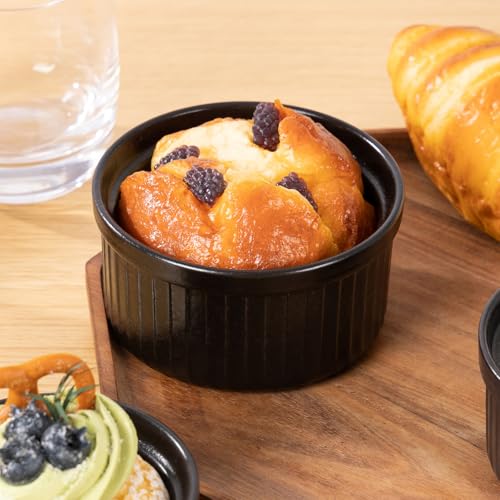 Yachi Ramekins Black, 6 oz Ceramic Set of 6 Stoneware Bakeware for Souffle Sauces Dipping Onion Soup Lava Cake Flan Creme Brulee Kit Pudding Mini Custard Oven Safe - color: Black, size: 6 OZ
