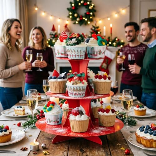 YLDW Cupcake Stand, 3-Tier Cupcake Stand Display, Cardboard Cup Cake Tower Stand, Disposable Dessert Stand for Birthday Tea Party Baby Shower Treat Decorations, Red - color: Red