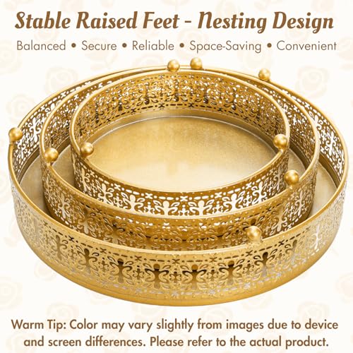 Youeon Gold Round Cake Stand Set of 3, 12/10/8 Inch Metal Hollow Cake Pedestals with Low Feet, Dessert Display Stands for Wedding, Birthday, Party, Anniversary & Holiday Entertaining