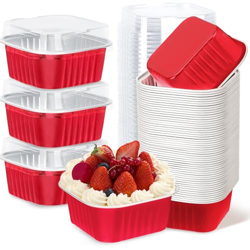 60Pack 5oz Christmas Mini Cake Pans with Lids Baking Cups Aluminum Foil Pans Tins, Individual Dessert Cups Containers for Sales,Party,Picnics Red - color: Red