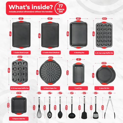Non-Stick 17-Piece Baking Pan Set, BPA-Free Carbon Steel Bakeware Set with Silicone Handles, Stackable Kitchen Oven Set, Cookie Sheet, Baking Tray, Baking Sheet Set, Utensils, Oven Safe (446°F) - size: 17 Piece