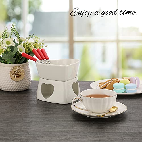 BSTKEY White Ceramic Butter Warmer Set, Heart Shaped Fondue Pot Melting Pot Set, Melt Hot Pot Bowl Set for Cheese Chocolate Butter Caramel, with 4 Forks - color: White