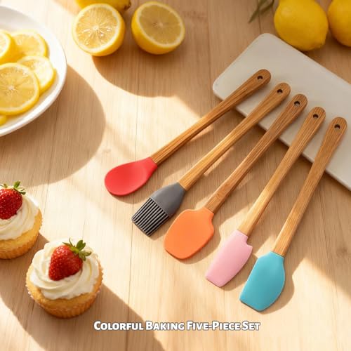 5 Piece Silicone Spatulas,Mini Rubber Spatula Bamboo Handle,Heat Resistant Silicone Set,Non-Stick Kitchen Utensils For Baking,Cooking and Stir(colorful)