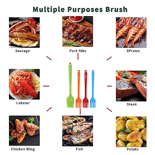 4PCS Silicone Basting Pastry Brush, MONGSEW Heat Resistant Food Brush Spread Oil Butter Sauce for BBQ Grill Baking Kitchen Cooking, BPA Free, Dishwasher Safe (Multicolor, 4 Pcs) - size: 10.2*1.7