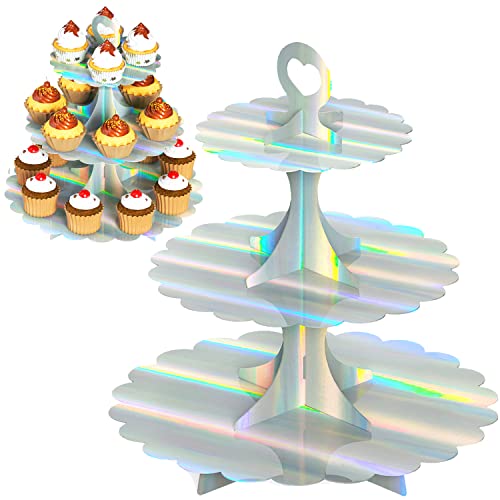3-Tier Laser Silver Cupcake Stand, 2-Pack Heart Handle Dessert Display Tower, Quick Easy Assembly, Easy Clean for Wedding Birthday Graduation Baby Shower Party Supplies - color: Rainbow Silver 2 Pack