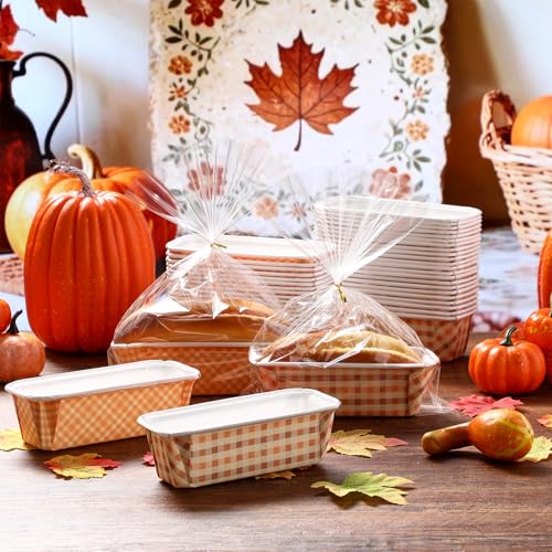 Hushee 50 Set Fall Paper Mini Loaf Pan Disposable, Orange Plaid - style: Plaid