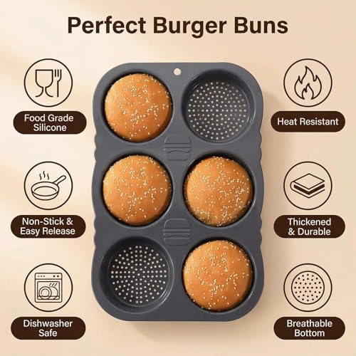 Silicone Hamburger Bun Pan, Nonstick Bread Pan Baking Pan, 6-cavity - size: 6-cavity