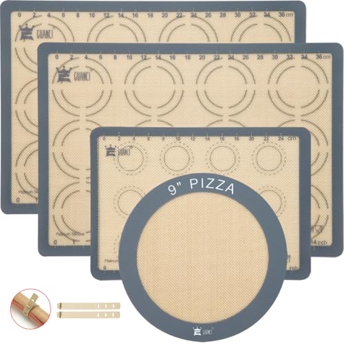 GUANCI Silicone Baking Mat Set of 4, 2 Medium 16.5"x11.6", 1 Small 11.8"x8.4", 1 Piece 9" Round, All Mats 0.7mm Thick, Food Grade Non-Stick Reusable Baking Mats for Pizza, Bread, Pastry, Macarons - color: A-4Grey