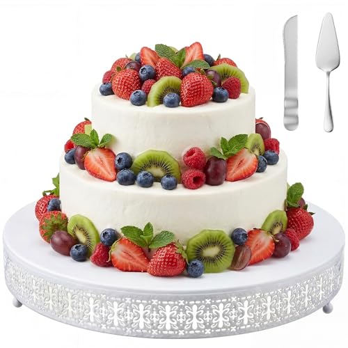Wenqik White Metal Cake Stand 18 Inch with Cutting & Spatula - color: White, size: 18 Inch