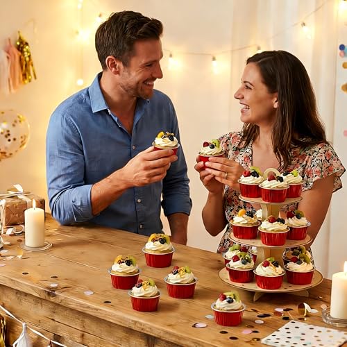 100-Pack 5 oz Red Mini Cake Pans with Lids, Disposable Aluminum Foil Baking Cups, Muffin Tins, Ramekins for Cupcakes, Brownies, Flan, Pudding - Christmas, Valentine‘s, Birthday Party Supplies - color: Red