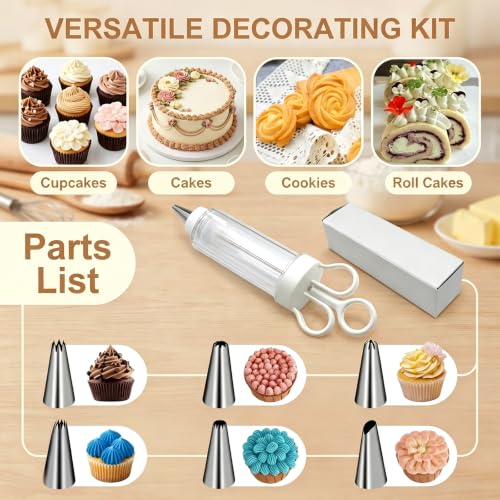 Cupcake Icing Piping Syringe, Cake Decorating Kit with 6 Stainless Steel Tips, Frosting Injector Tool for Dessert Filling and Decoration