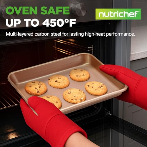 NutriChef 2-Piece Nonstick Stackable Cookie Sheet Set – Non-Toxic Carbon Steel Baking Pans – Heavy Duty, Warp-Resistant, Easy to Clean, Oven & Dishwasher Safe Bakeware - color: Champagne Gold