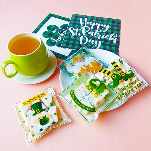 Jagrove 100PCS Cellophane Bags 4X4 Inch Green Lucky Shamrock Self Sealing Goodie Candy Cookie Snack Treat Bags for St. Patrick’s Day Irish Party Supplies Bakery - color: St. Patrick A, size: 100 Count (Pack of 1)