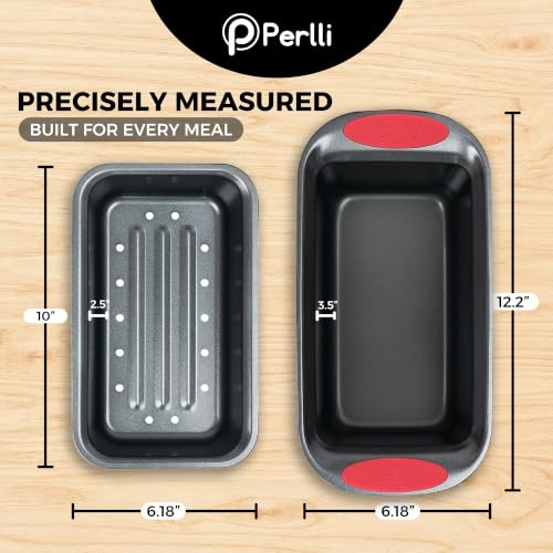 PERLLI Nonstick Meatloaf Pan with Drain Tray, Elevated Inner Pan for Fat and Grease Removal, Easy Grip Silicone Handles, Dishwasher Safe with Heavy-Duty Carbon Steel Bakeware for Even Heating (Gray) - color: Gray
