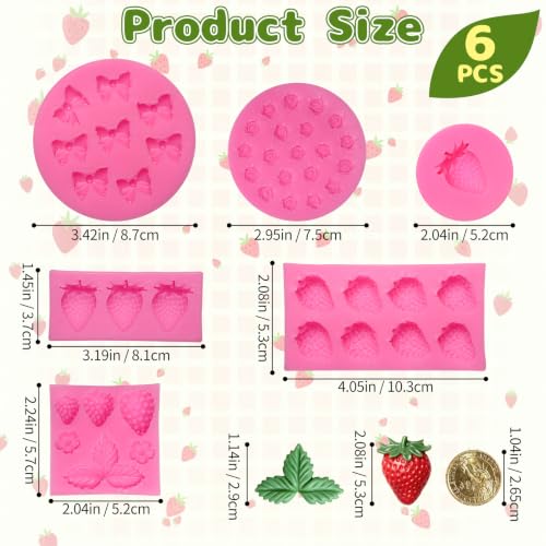 6 Pcs Strawberry Chocolate Molds Silicone, 3D Strawberry Fondant Mold - color: 6 Pcs Strawberry & Mini Rose & Bow, Pink
