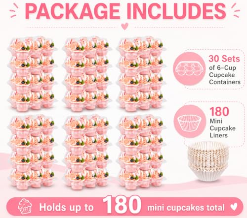 Mini Cupcake Container Boxes Holder - 6 Counts Carrier with 200 Pack Liners