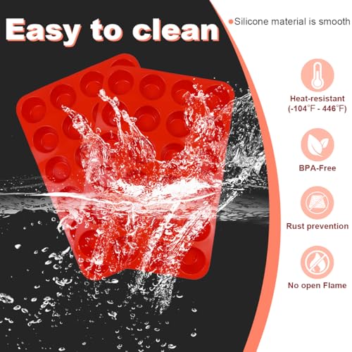 2 Pack Silicone Mini Muffin Pan, Non-Stick 24 Cups Cupcake Pan, BPA Free and Dishwasher Safe, Perfect for Making Muffin Cakes, Tart, Bread（Red）