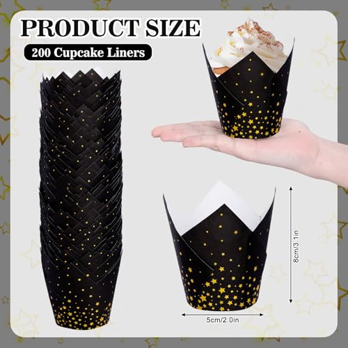 FYSUIMU 200Pcs Graduation Black Gold Star Tulip Cupcake Liners Foil Gold Star Muffin Baking Cups Cupcake Wrappers for Congrats Grad Holiday Birthday Party Supplies