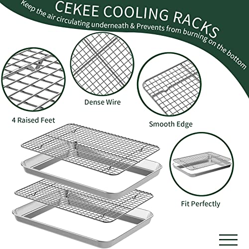 Quarter Sheet Pan with Cooling Rack Set [2 Baking Sheets + 2 Baking Racks], CEKEE Stainless Steel Cookie Sheets for Baking and Wire Rack - Rust & Warp Resistant & Nonstick, Size 12 x 9.8 x 1 Inch - size: 12*10*1Inch