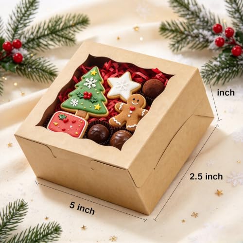 50pcs Cookie Boxes 5x5x2.5 Inch Bakery Boxes with Window Treat Box - color: Brown