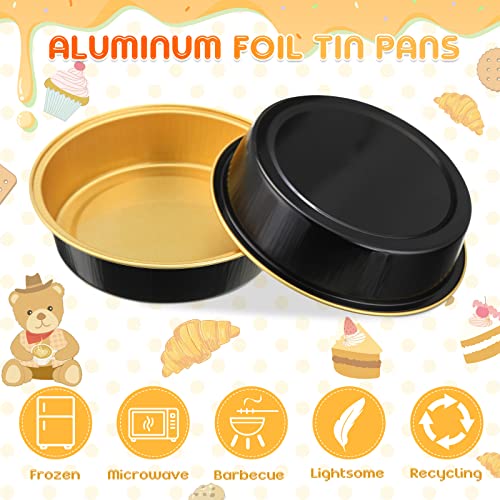 Yinder 120 Pcs 8oz Disposable Mini Pie Pans/tins with Lids Tart Pans, Small Cake Pan Round Containers Aluminum, 4 Inch Mini Cake Pan for Quiche Cheesecake Container Oven Bake Sale(Black Gold) - color: Black/Gold