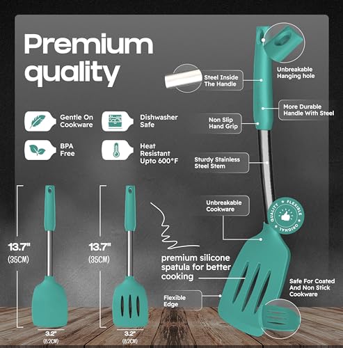 BakeRoyal Silicone Spatula Set - Turner Spatulas Silicone Heat Resistant 600°F - Slotted & Solid Spatula for Cooking Fish, Eggs, Pancakes Flipper – Spatulas for kitchen use – Turquoise - color: Turquoise