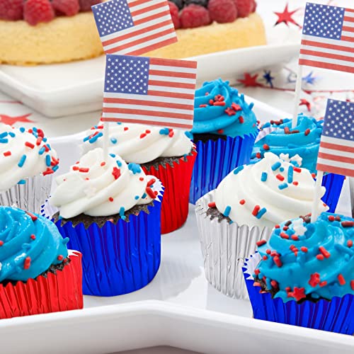 Whaline 150Pcs Patriotic Cupcake Liners 4th of July Baking Cups Red Blue Silver Foil Metallic Cupcake wrappers for 250th Anniversary Independence Day Memorial Day Party Decor - color: Red Blue Silver