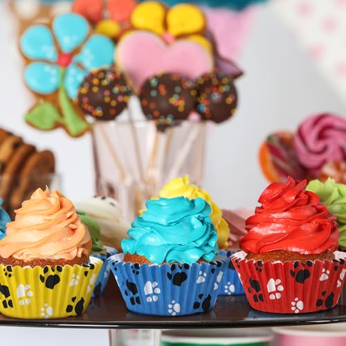 200 count Paw Bone Cupcake Liners Dog Wrappers Paw Pattern Cup Cake Holder Puppy Dog Theme Cupcake Wrappers for Baby Shower Birthday Party Supplies(Blue Red Yellow) - color: Blue Red Yellow