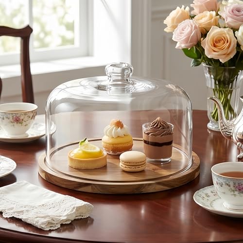 Clear Wooden Glass Dessert Dome with Base, Round Cake Stand Cover, Pastry Display Cloche for Food, Cake Plate with Cover for Baking Gifts Birthday Kitchen Party Weddings (11.4 inch)