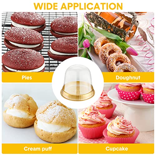 Mimorou Individual Cupcake Boxes Clear Plastic Cupcake Containers Disposable Single Holder with Lid Tall Cake Carrier 5.3 Inch Diameter 4.3 Inch Height with Stickers for Wedding(Gold,200 Pcs)