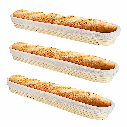 3 Pack Banneton Proofing Basket Set - Rattan Material for French Baguettes with Liner - 17" Long - Includes Liner - Sourdough Bread Basket for Artisan Baking - Banneton Baguette Basket Value Pack