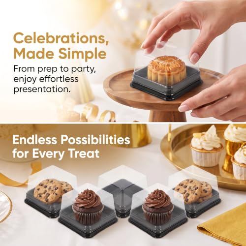 100 Set Plastic Single Individual Cupcake Containers Muffin Dome Holders with Lids, Mini Cupcake Containers Square Moon Cake Box Stand, Cookies Muffins Dome Box Mini Dessert Boxes- Black