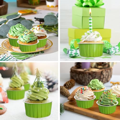 100Pcs Aluminum Cups with Lids,5oz Disposable Ramekin Baking Cups Muffin Liners Mini Pie Pans Foil Cupcake Containers for Christmas Party Wedding Party,Grass Green - color: Grass Green