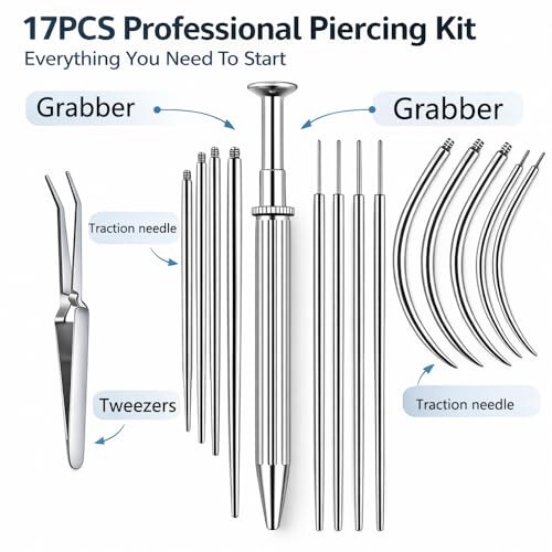 17PCS Piercing Insertion Tool, Stainless Steel Body Jewelry - color: Tweezers+ Piercing Tapers