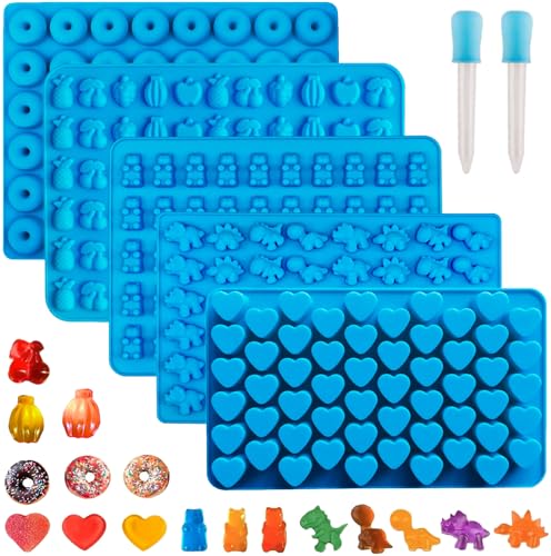 WARM TIME 5-Pack Mini Silicone Gummy Candy Molds, with 2 Droppers