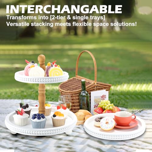 SYNCVIBE Wooden Farmhouse Round White 3 Tiered Decorative Tray Stand - color: white