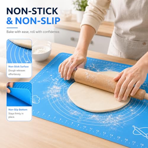 Silicone Baking Mat for Rolling Dough, Non Stick Pastry Mat with Measurements, Anti Slip Kitchen Counter Cover for Kneading, Pie Crust, Pizza and Cake, Blue