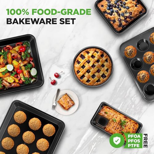 NutriChef Stackable Non-Stick Baking Pan Set – Carbon Steel Bakeware Set w/ Cookie Sheet, Muffin & Loaf Pan, Double Coated for Easy Release, Oven & Dishwasher Safe, Resists Warping, – Easy to Clean - color: Black