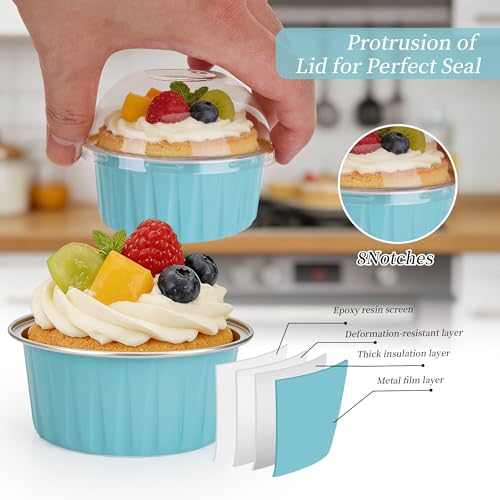 100-Pack 5 oz Mint Blue Mini Cake Pans with Lids, Disposable Aluminum Foil Baking Cups, Muffin Tins, Ramekins for Cupcakes, Brownies, Flan, Pudding - Baby Shower, Bridal Shower & Birthday Party - color: Mint Blue