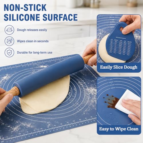 4Pcs Silicone Rolling Pin Set, 15Inch Blue Nonstick Pastry Roller - color: Navy Blue 4 Set