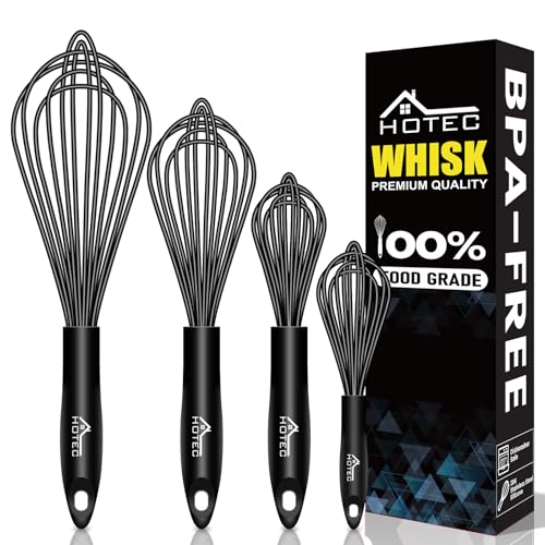 HOTEC 4Pcs Silicone Whisk Set, Wire Balloon Whisks for Cooking Egg Beater - color: Black