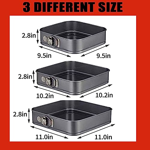 Springform Cake Pan Square 9.5inch,10inch,11inch, Set of 3 non stick leakproof cake baking pans with removable bottom, Non Stick Carbon Steel…