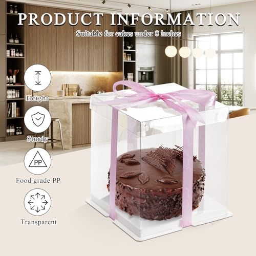 BURLIHOME 8x8x10 Clear Cake Boxes,Square Cake Carrier with Ribbon,5 Pack