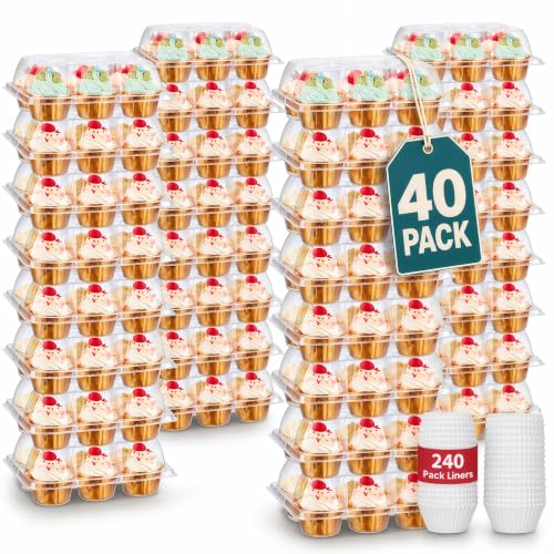 (6 Count x 40 Sets) Stackable Cupcake Containers with 240 Pack Liners, Plastic Cupcakes Boxes Holders for 6 cakes, High Tall Dome Lid Cupcakes Carrier, Clear Cupcake Trays/Containers/Holders