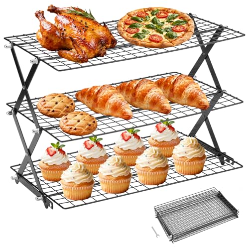 3-Tier Stackable Cooling Rack for Baking, Collapsible Wire Cookie Rack with Adjustable Heights, Non-Stick Roasting & Drying Rack for Cupcakes, Pies and Pastries, Space-Saving Kitchen Essential - size: 3 Tiers
