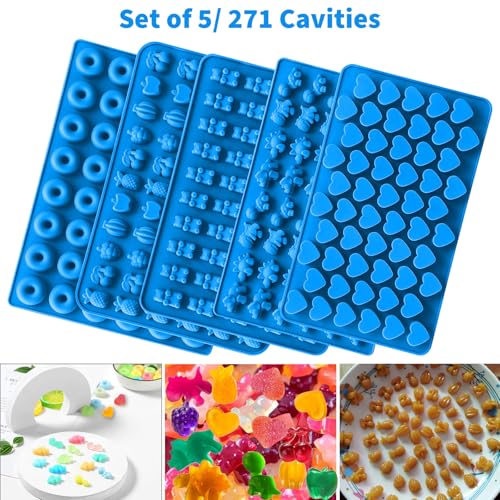 Sidosir 7Pcs Gummy Candy Molds, Gummy Bear/Dinosaur/Fruit/Donut/Hearts Molds, Non-stick Silicone Candy Chocolate Mold (5Shape+2Droppers) - color: 5Shape+2Droppers