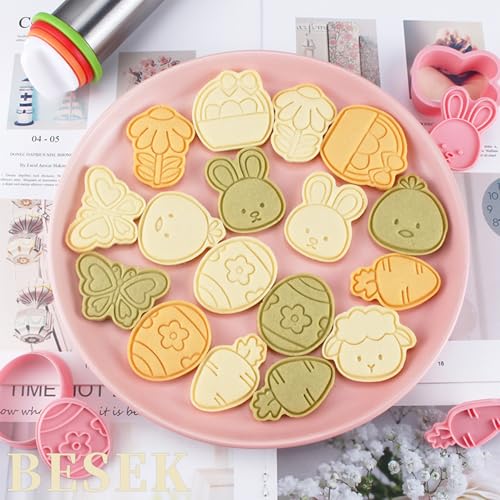 BESEK Easter Cookie Cutters Set: 8 Pcs Embossing Cookie Cutter for Biscuit Fondant Cheese Baking, Easter-Theme patterns - color: Easter B